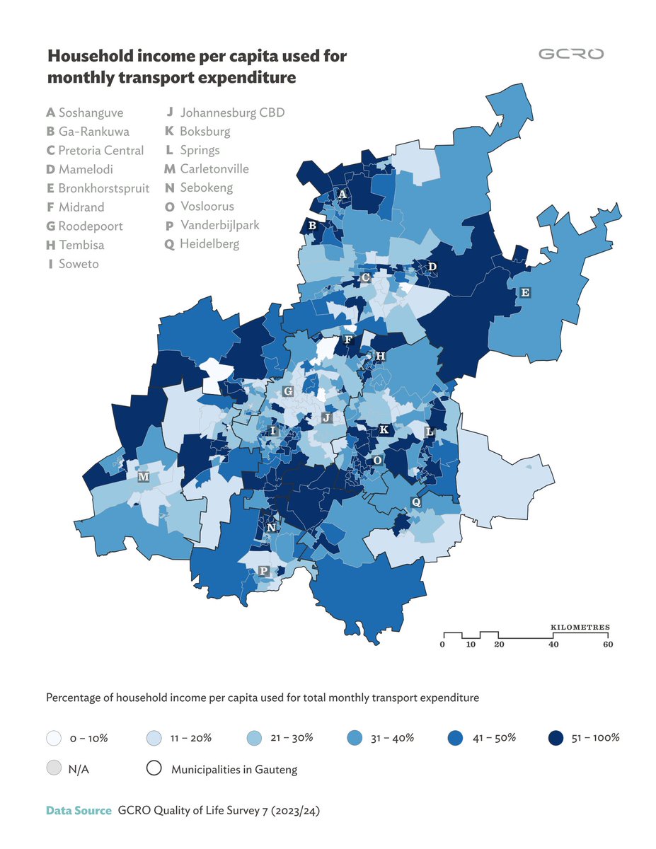 GCR_Observatory's tweet photo. 🚍💸 Transport Costs & Spatial Justice in Gauteng
Where you live affects how much you spend to move. This latest #MapoftheMonth shows how transport costs hit hardest in the margins—especially for minibus taxi users. Read more https://t.co/L7hUSu5NoA
#MoTM #GCRO #TransportMonth https://t.co/qSRxNEw9Y3