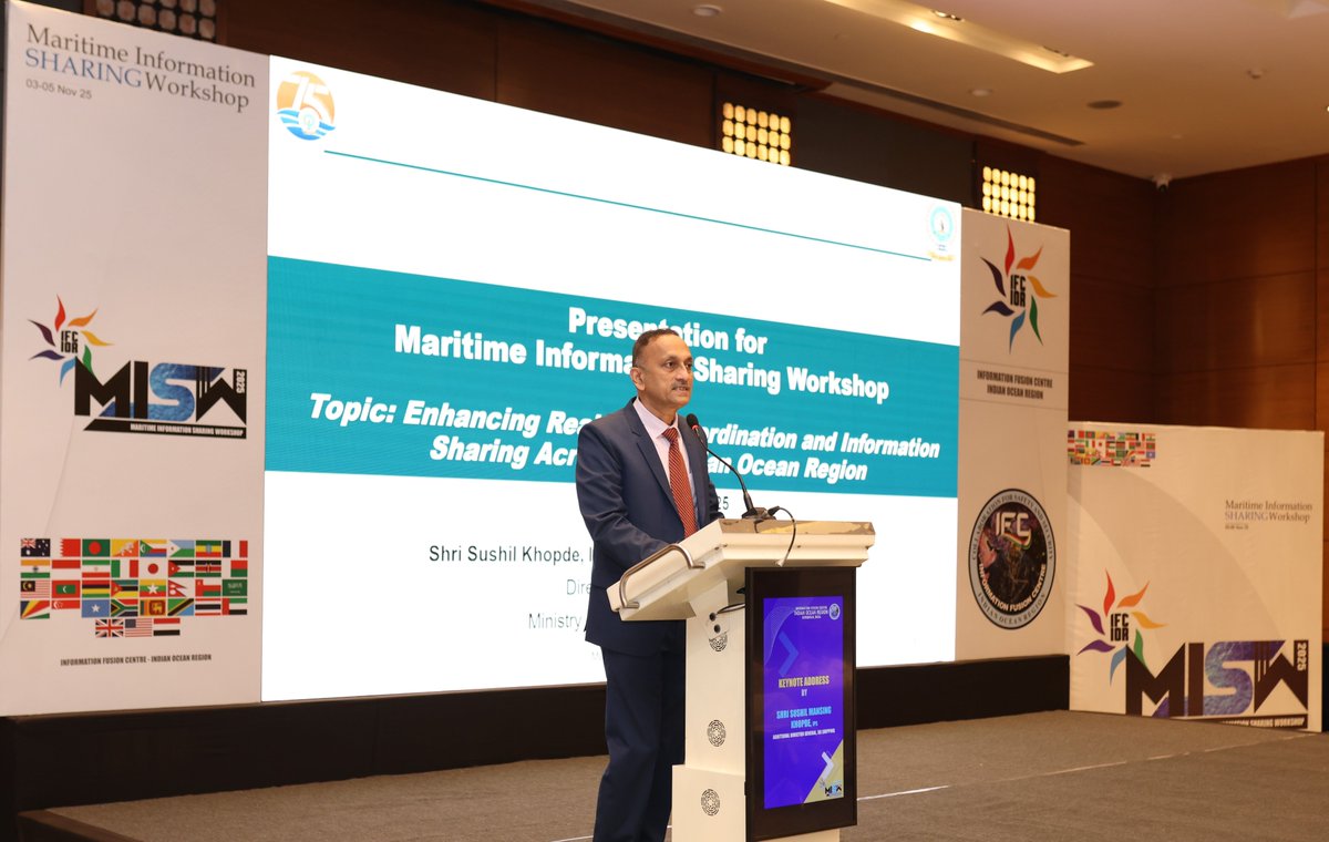 Mr Sushil Mansing Khopde, IPS, Additional Director General, <a href="/dgshipping_IN/">Directorate General of Shipping, Govt. of India</a>, delivered the keynote address, spotlighting #India's🇮🇳 evolving #maritimesafety architecture and the role of shared awareness in ensuring resilient seas. 

#MAHASAGAR
#MaritimeSecurity