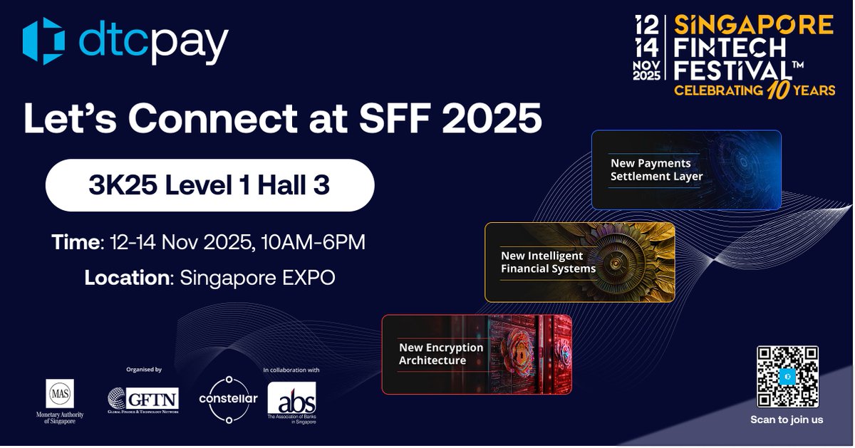 We’re counting down to #SFF2025! 💥

📍 Hall 3 Level 1 – Booth 3K25
📅 12–14 Nov 2025
🕙 10 AM–6 PM

💡 Live payment demos 
🎁 Lucky draw prizes
💬 Chat about future of digital payments with us

Get ready to tap, pay, and play with dtcpay! 💳✨

#dtcpay #Fintech #DigitalPayments