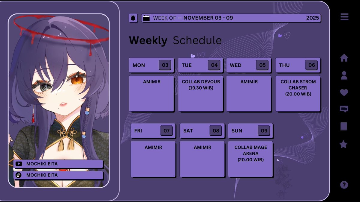 eita_wee's tweet photo. 🔮WEEKLY SCHEDULE✨
(03 - 09 NOV 2025)
full collab ya guys~
🔮HASHTAG✨
General : #mochikieita
LIVE : #eitalive
Art : #eitart
NSFW : #yabei
Meme : #momeme
Clips : #ei_clips
Fan name : #mochilock https://t.co/pSuE0us7X2