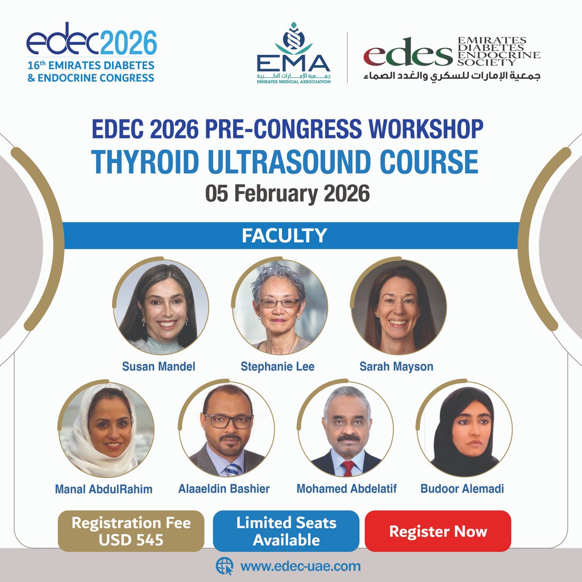 Get hands-on at the Pre-Congress Workshop: Thyroid Ultrasound Course |February 5, 2026

A focused, hands-on session covering essential topics such as FNA technique, thyroid nodule evaluation, cytology and more.

Seats are Limited - edec-uae.com/pre-congress-w…

#EDEC2026 #Diabetes