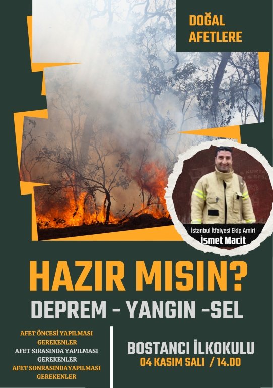 AFAD Eğitimcisi İsmet Macit tarafından verilecek bu seminerde, deprem ve diğer afetler öncesinde, sırasında ve sonrasında yapılması gerekenler hakkında önemli bilgiler paylaşılacaktır.

Tarih: 4 Kasım 2025 Salı
Saat: 14.00
Yer: Bostancı İlkokulu