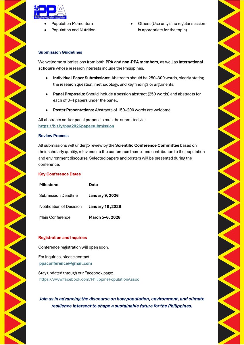 𝘾𝘼𝙇𝙇 𝙁𝙊𝙍 𝙋𝘼𝙋𝙀𝙍𝙎: 2026 𝙋𝙋𝘼 𝙄𝙣𝙩𝙚𝙧𝙣𝙖𝙩𝙞𝙤𝙣𝙖𝙡 𝙎𝙘𝙞𝙚𝙣𝙩𝙞𝙛𝙞𝙘 𝘾𝙤𝙣𝙛𝙚𝙧𝙚𝙣𝙘𝙚
You may submit your abstracts and/or panel proposals here:
bit.ly/ppa2026papersu…

Kindly read the submission guidelines for more information.