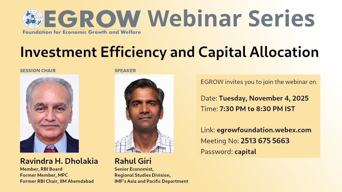 Join us today in an informative and enlightening webinar on "Investment Efficiency and Capital Allocation" by Rahul Giri at 7:30 pm IST 
 
Link: egrowfoundation.org/events/investm…