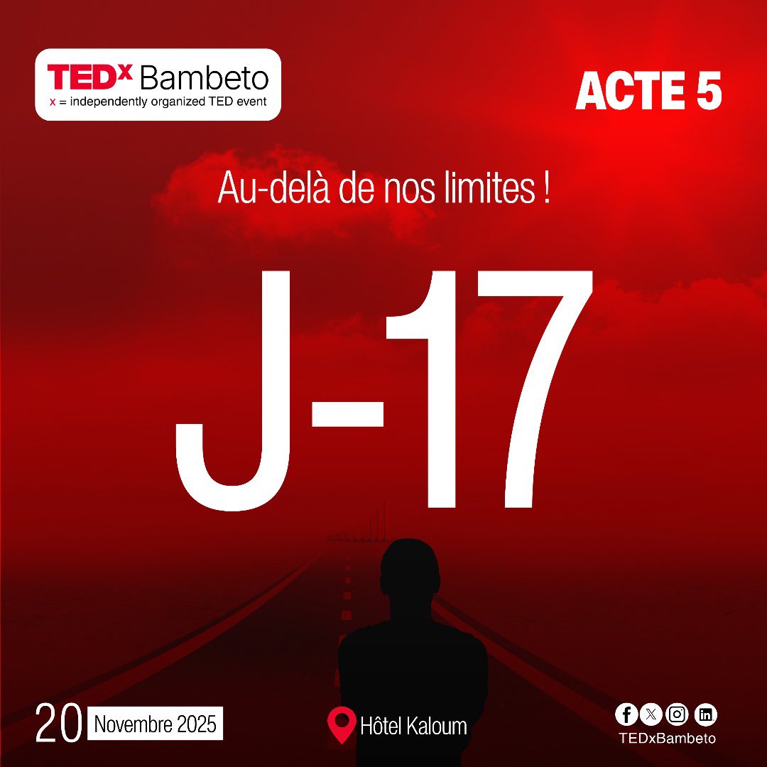 TEDxBambeto's tweet photo. Le compte à rebours est lancé
Dans 17 jours, TEDxBambeto revient pour une 5ᵉ édition exceptionnelle à l’Hôtel Kaloum.
-Des idées puissantes.
-Des histoires vraies.
-Des parcours qui inspirent.

Ensemble, allons au-delà de nos limites !

📅 20 novembre 2025
📍 Hôtel Kaloum https://t.co/E73qIkBFap