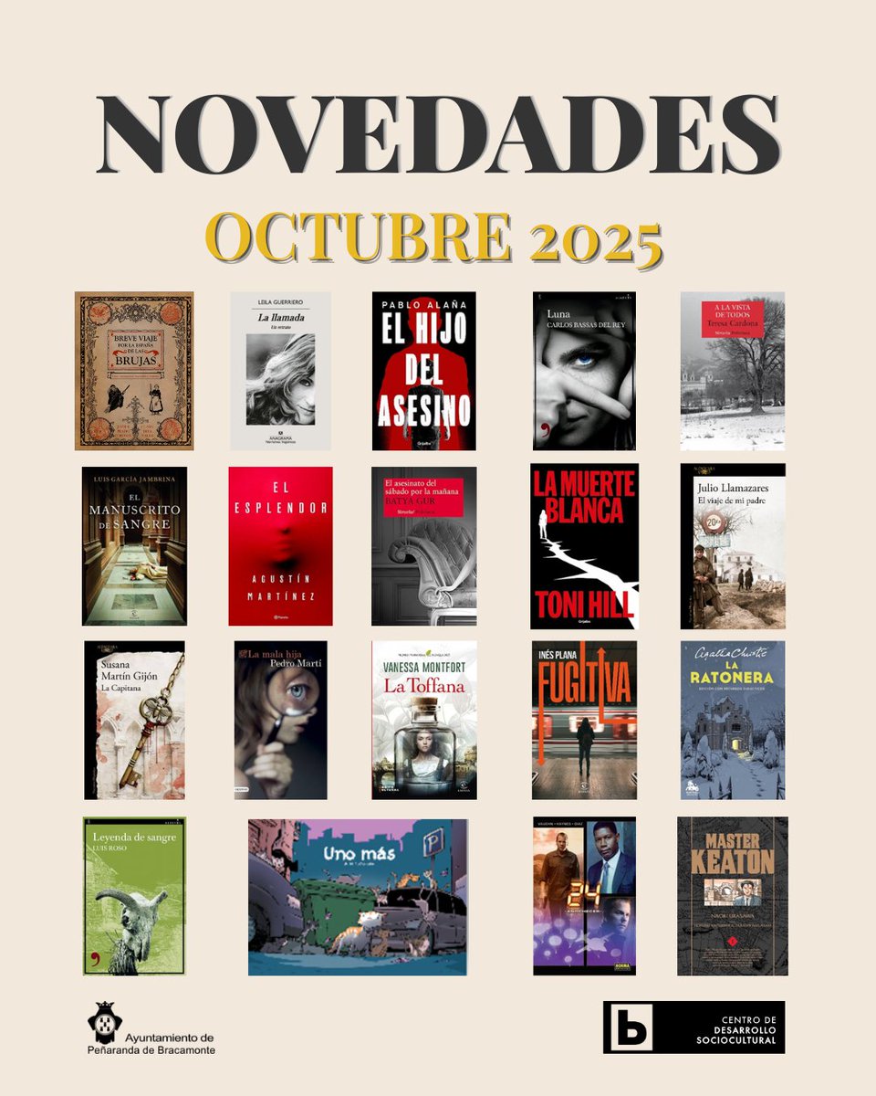 📚 Nuevos libros octubre:
Ficción: Pablo Alaña, Bassas, Cardona...
No ficción: "España de las brujas"
Teatro: Christie
Cómics: Urasawa...
¡Te esperamos!
#NovedadesPeñaranda online.fliphtml5.com/eqyxt/qenw/