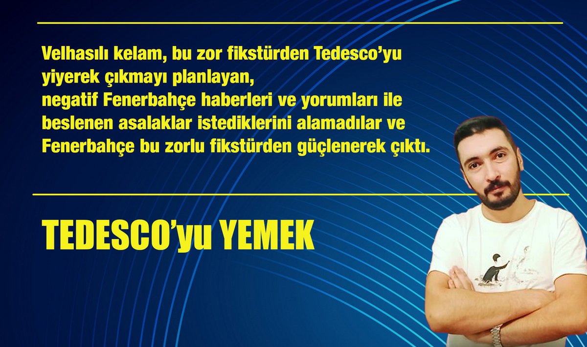 TEDESCO’yu YEMEK

✔️ Milli aradan sonra Fenerbahçe’yi zorlu bir fikstür bekliyordu ve Fenerbahçe’deki kaos üzerinden geçimlerini sağlayan bir kısım medya aparatları hazırda bekliyorlardı. 

✔️ Akıllarındaki plana göre, Fenerbahçe bu zorlu fikstürden çıkamayacak, teknik direktörü