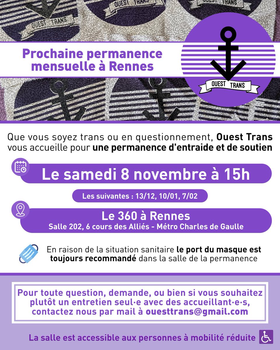 🏳️‍⚧️PROCHAIN RDV

Ouest Trans vous accueille le samedi 8 novembre à 15h au 360 (ex Maison des Associations) pour une permanence d'auto-support entre personnes trans et en questionnement.

Pour toutes questions, vous pouvez nous contacter par mail à ouesttrans[@]gmail./com