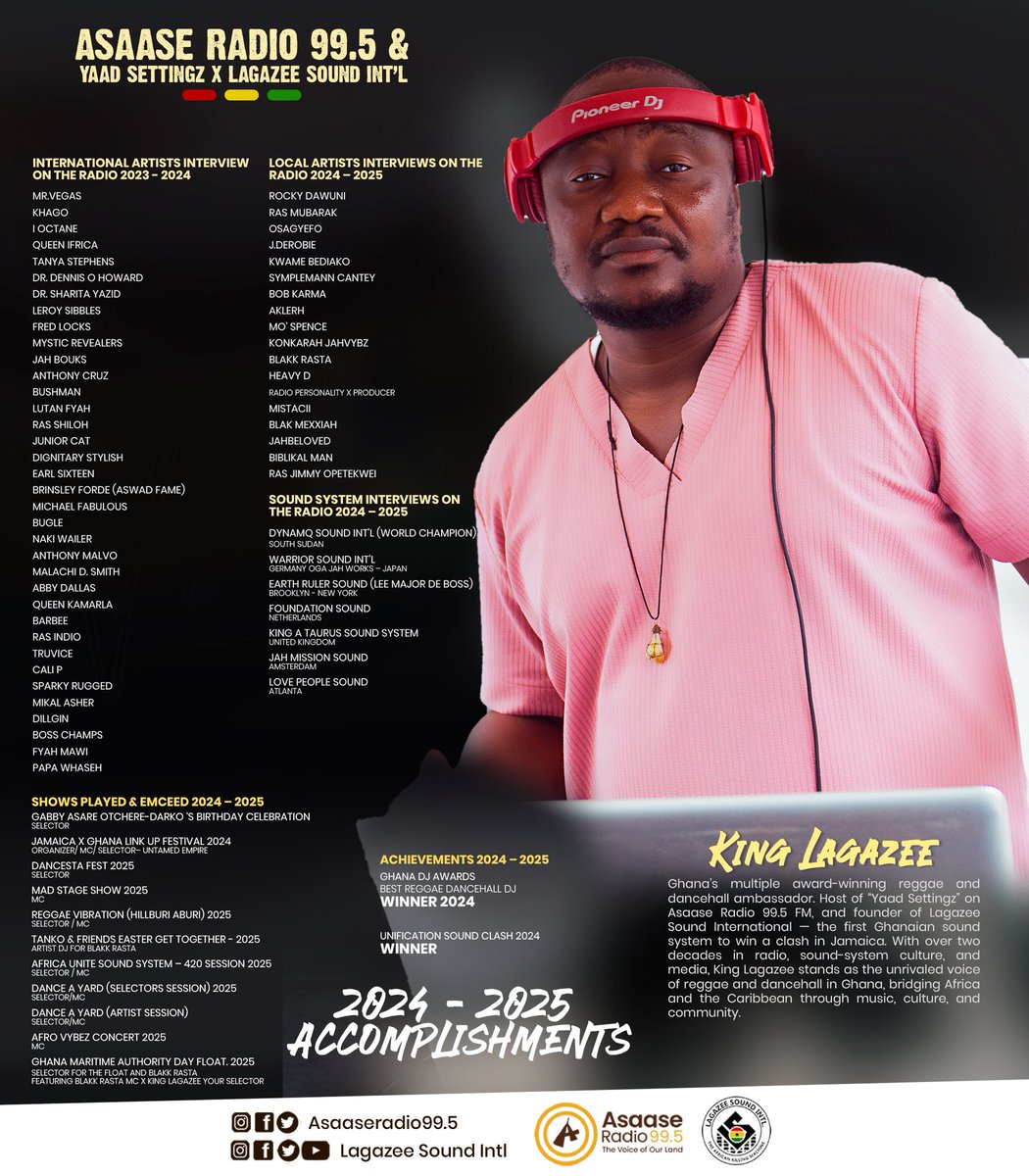 <a href="/KingLagazee/">King Lagazee (7 Star Gen) 🇬🇭</a> I always try my best to put in the work

WORKS - #AsaaseRadio Nationwide • #YaadSettingz • <a href="/LagazeeSoundGH/">Lagazee Sound International</a> 🎯

2024 - 2025 Accomplishments 

Great International x Home Based Interviews, Shows Played And Emceed, Awards, Projects etc

#AssaseRadio #LagazeeSoundIntl