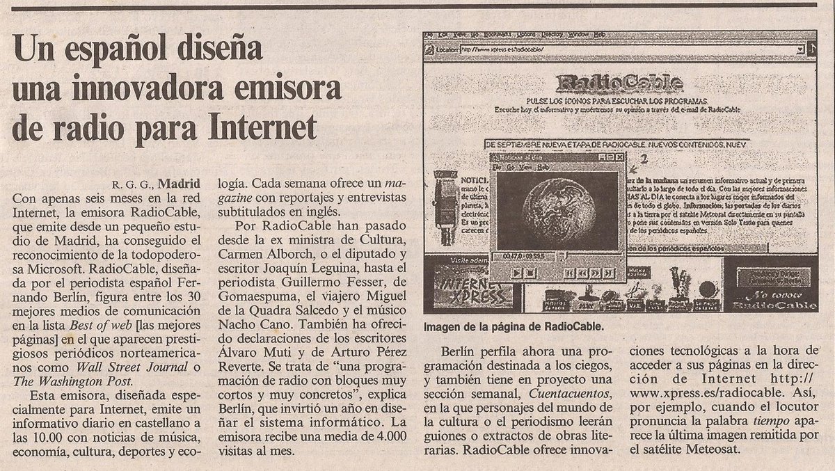 Archivo de #radio #culturaradiofónica Noticias de la radio publicadas un 21 de noviembre.
tonimascaroradio.blogspot.com/2021/11/21-de-…
Noviembre 1997. Nació "Radio Cable" con Fernando Berlín.