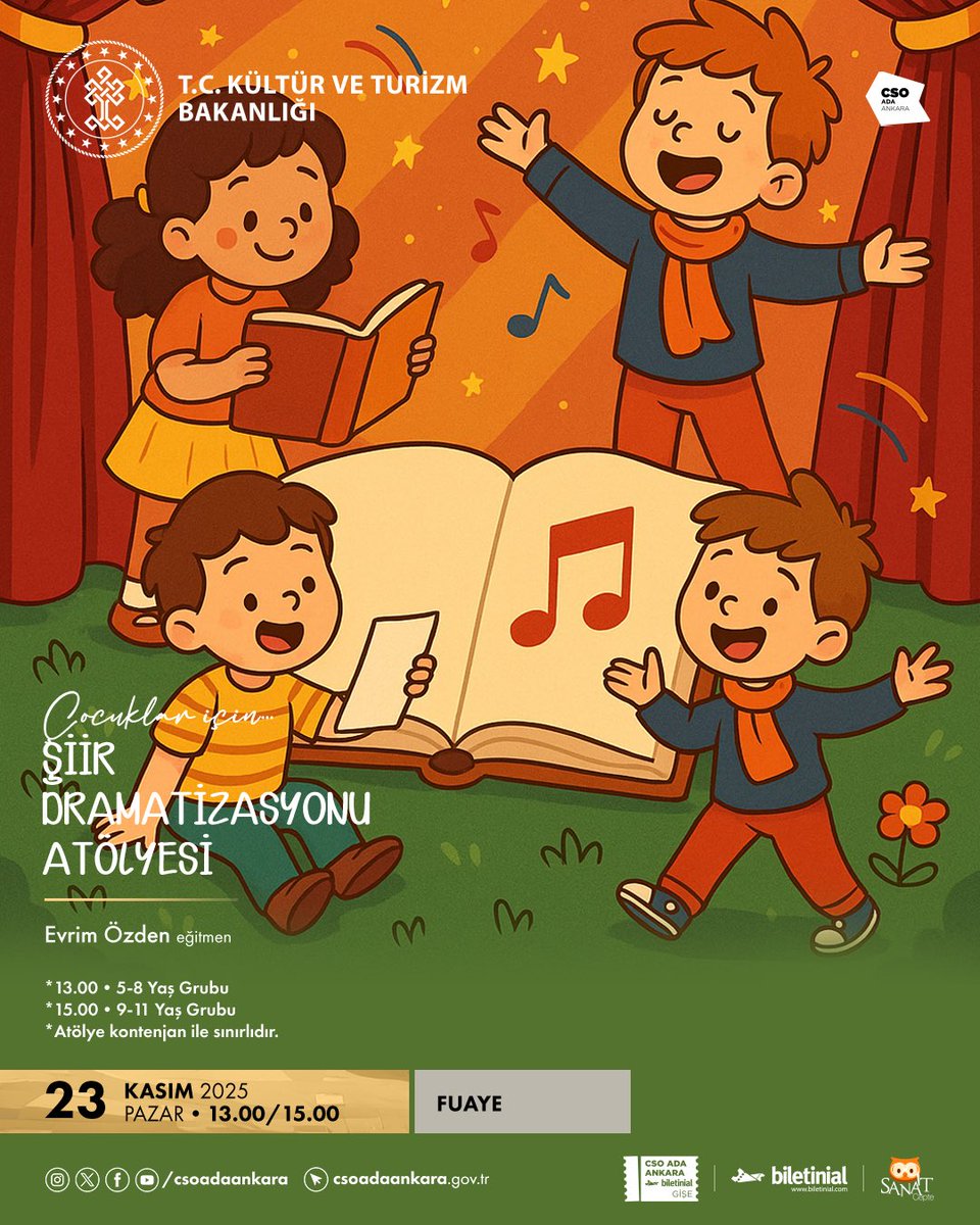 ✨Bu atölyede çocuklar, umut temalı şiirleri dramatize ederek kelimeleri sahneye taşıyacaklar. Hem sanat yoluyla duygularını ifade etmeyi hem de haklarını ve umutlarını seslendirmeyi öğrenme fırsatı bulacaklar.

🗓️ 23 Kasım Pazar
📍 Fuaye
⏰ 13.00/15.00

#CSOAdaAnkara