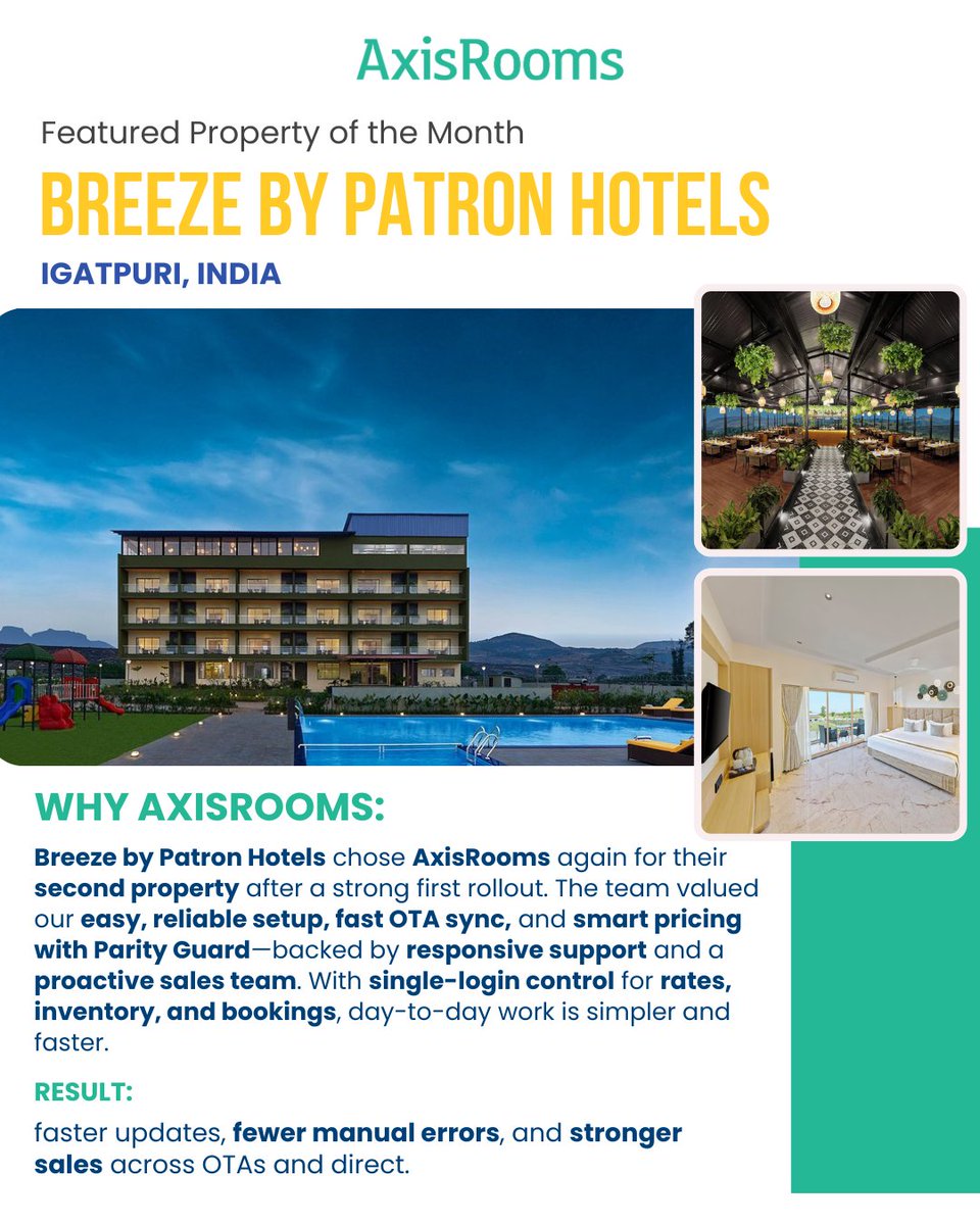 Featured Property: Breeze by Patron Hotels (Igatpuri) 🎉
Chose AxisRooms again for property #2—fast OTA sync, Parity Guard, single-login control. Fewer errors, stronger sales.
axisrooms.com/channel-manage…
#HotelTech #ChannelManager #Revenue