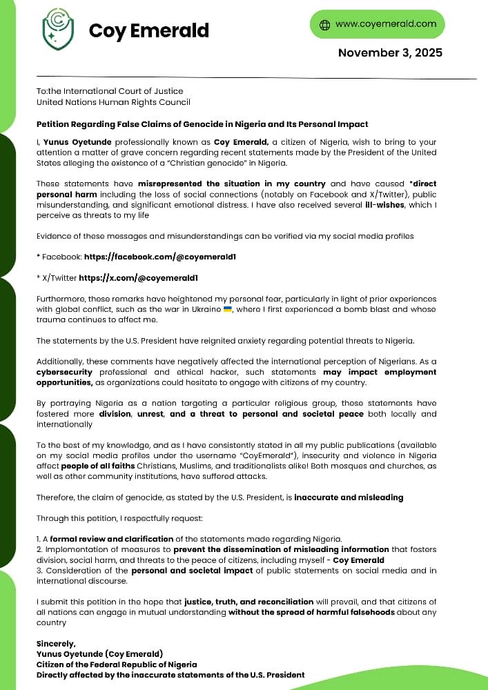 CoyEmerald1's tweet image. Hi @UNHumanRights , good morning &amp;amp; happy new week!

I’ve submitted this petition (also emailed) against H.E @realDonaldTrump over his #wrongful label “now disgraced” and his #false genocide claim about my country, Nigeria 🇳🇬

And I hope justice and truth prevail🙏
