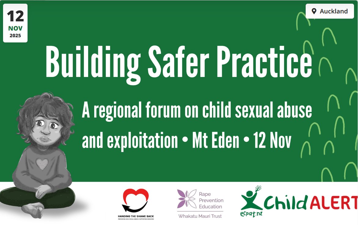 A very important event occurs this month. On November 12th, The National Day of Reflection for Survivors of Abuse in Care in New Zealand, is being held. The event is community-led and funded by the government to acknowledge and remember survivors. 

ecpat.org.nz/training-event…