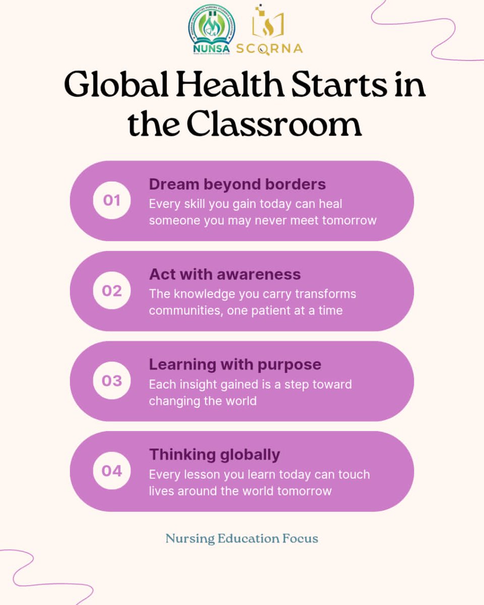scornanunsa's tweet photo. Global health starts in the classroom💡.

Every lesson, discussion, and skill you gain shapes care locally and impact globally 🌱.

#SCORNAResearchSeries #Day13 #NursingEducation #GlobalHealth https://t.co/F2xbI4Iy5p