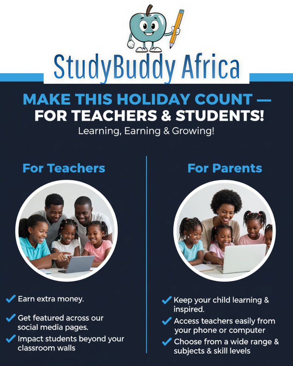 StudyBuddyAfr's tweet image. The holidays are here — and with them comes the perfect opportunity for learning, earning, and growing!
Turn your free time into an income stream!
Join the StudyBuddy Africa Platform and connect with students from across the country who are eager to learn. #StudyBuddy Africa.