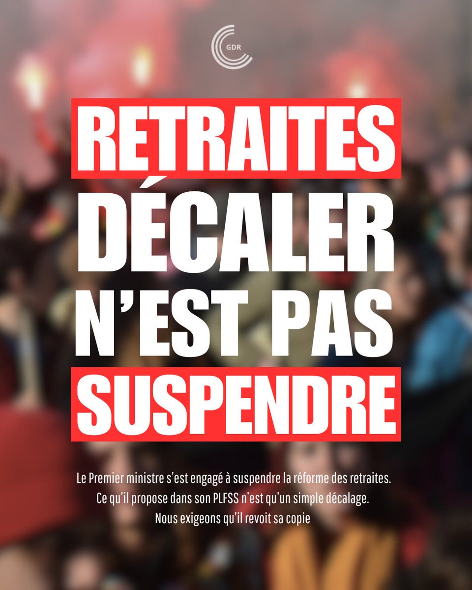 🔴 Retraites : Le Premier ministre s’est engagé devant l’Assemblée à suspendre la réforme Borne de 2023.

Or, son projet de budget de la Sécurité sociale que nous examinerons demain ne prévoit qu’un décalage. 

Nous lui avons adressé un courrier pour exiger qu’il revoit sa copie.