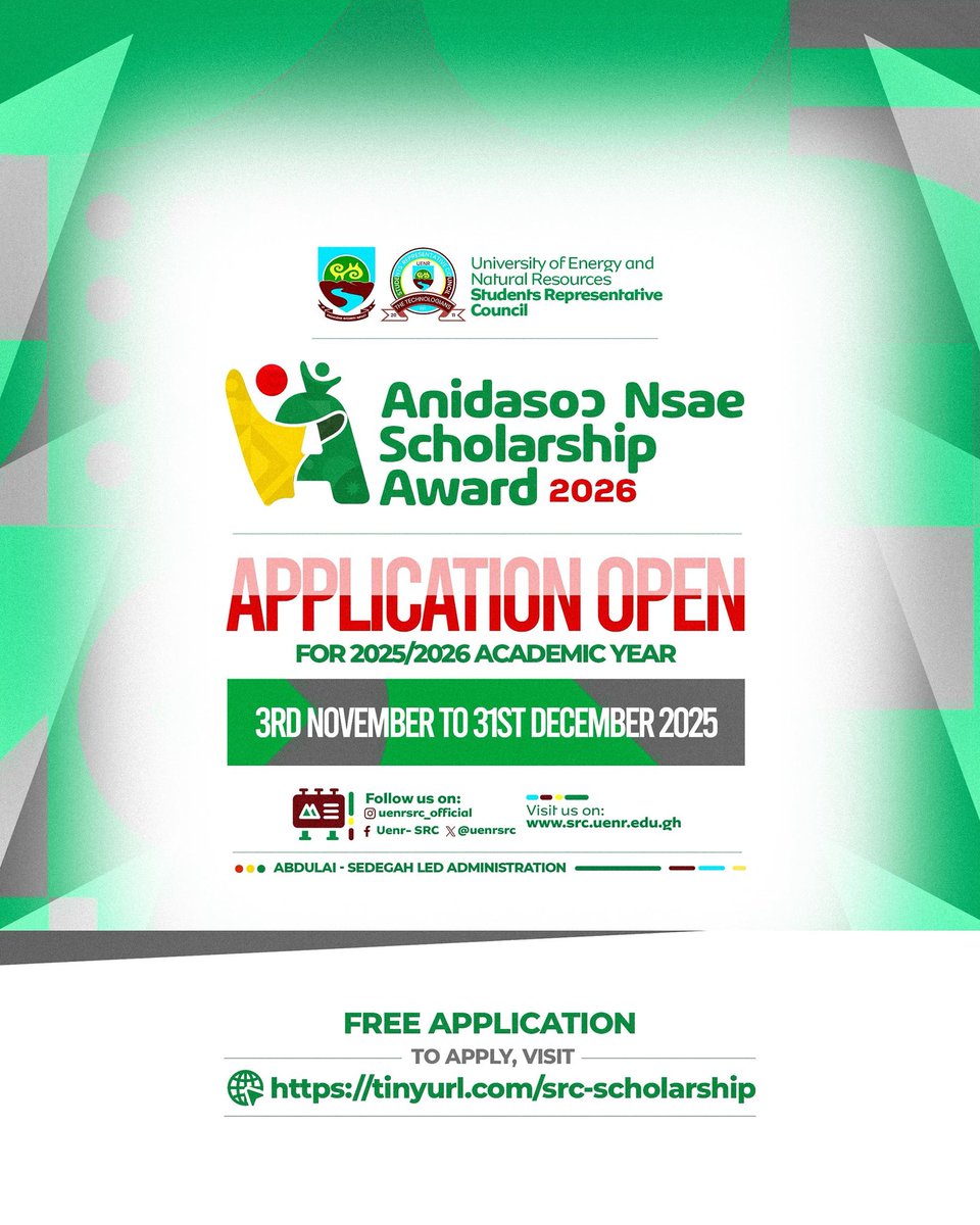 ‼️‼️ ATTENTION ‼️‼️
The Anidaso Nsae Scholarship Scheme for the 2025/2026 academic year is open now. 

To apply, click this link : [tinyurl.com/src-scholarship]

Applications are open until December 2025.