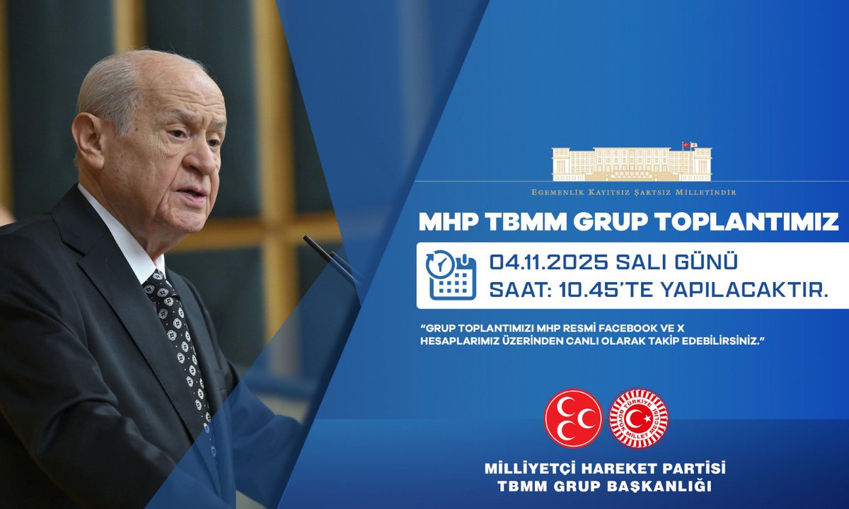 ayyildirim1's tweet photo. MHP TBMM Grup Toplantımız #04Kasım2025 Salı günü (Yarın) Saat:10.45'te yapılacaktır.

MHP TBMM GRUP BAŞKANLIĞI
@MhpTbmmGrubu https://t.co/0YEvNcrHlG