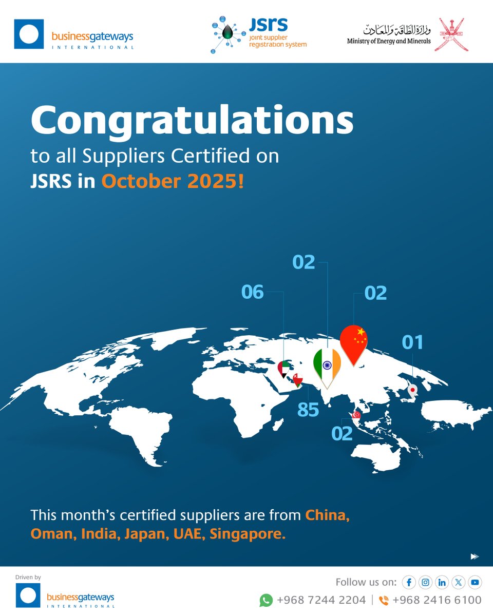 JSRS_Oman's tweet image. Welcoming our newest JSRS Certified Suppliers – October 2025! 
Suppliers from China, Oman, India, Japan, UAE &amp;amp; Singapore join the trusted JSRS Network, driving transparency, trust &amp;amp; opportunity across Oman’s industries.

#JSRS #OmanVision2040 #Procurement #CertifiedSuppliers