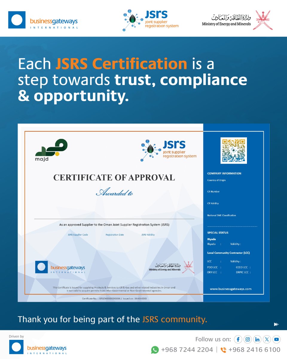 JSRS_Oman's tweet image. Welcoming our newest JSRS Certified Suppliers – October 2025! 
Suppliers from China, Oman, India, Japan, UAE &amp;amp; Singapore join the trusted JSRS Network, driving transparency, trust &amp;amp; opportunity across Oman’s industries.

#JSRS #OmanVision2040 #Procurement #CertifiedSuppliers