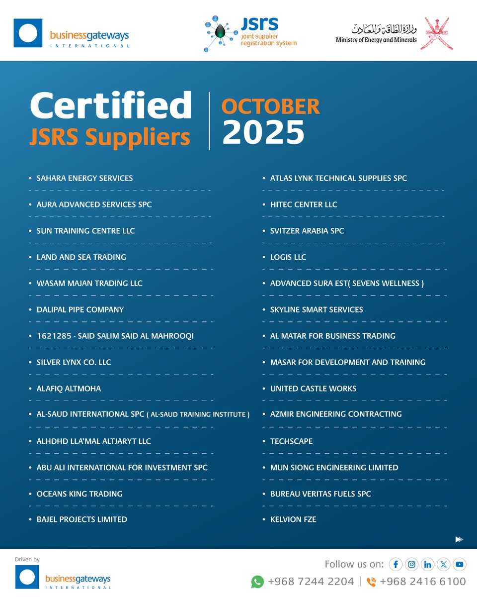 JSRS_Oman's tweet image. Welcoming our newest JSRS Certified Suppliers – October 2025! 
Suppliers from China, Oman, India, Japan, UAE &amp;amp; Singapore join the trusted JSRS Network, driving transparency, trust &amp;amp; opportunity across Oman’s industries.

#JSRS #OmanVision2040 #Procurement #CertifiedSuppliers
