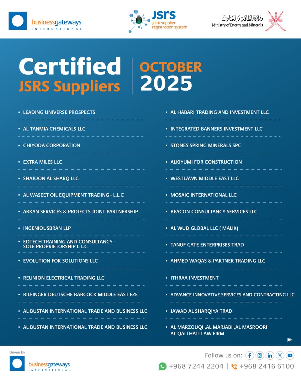 JSRS_Oman's tweet image. Welcoming our newest JSRS Certified Suppliers – October 2025! 
Suppliers from China, Oman, India, Japan, UAE &amp;amp; Singapore join the trusted JSRS Network, driving transparency, trust &amp;amp; opportunity across Oman’s industries.

#JSRS #OmanVision2040 #Procurement #CertifiedSuppliers