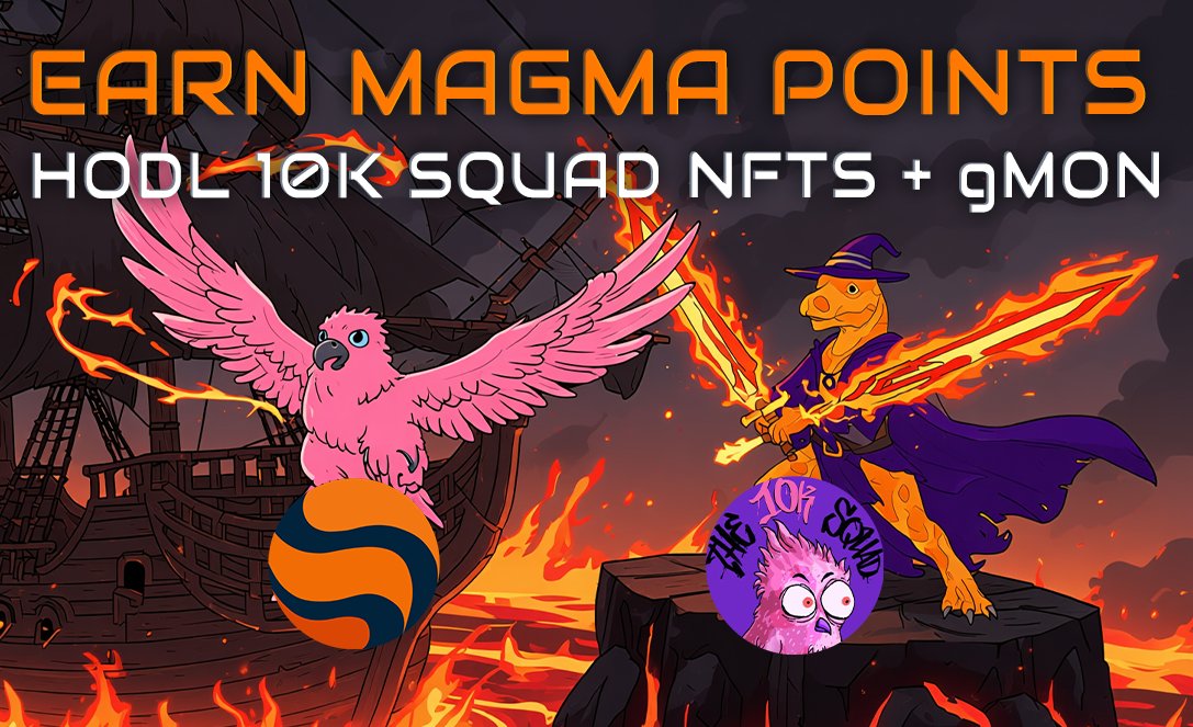 MagmaStaking's tweet photo. We’re taking flight with @the10kSquad to uplift the ecosystem.
HODL 10k NFTs + $gMON to Earn Magma Points
Points go live during Mainnet. Stand ready 🐲🔥 https://t.co/5r4jZQhKVY