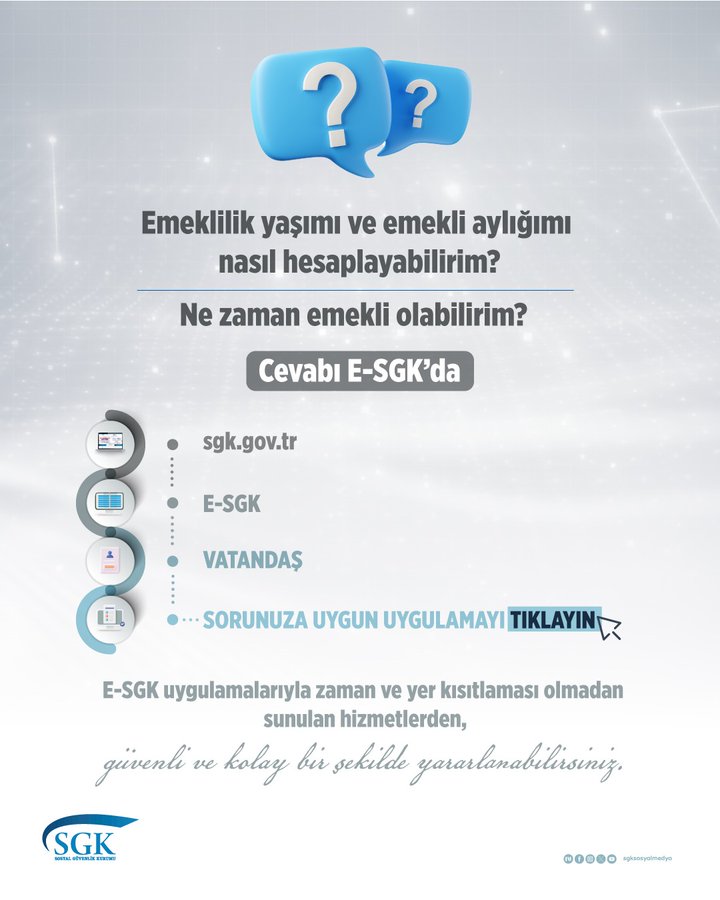 A graphic with a blue background featuring two blue question mark icons and sparkling effects. Turkish text reads Emekli yas ve emeki ayagimi Emek nas hesaplama? Ne zaman emek olabilirm? Cevabi-SGKda below the icons. Four circular icons below show a mobile device for e-SGK, a computer for sgk.gov.tr, a document for e-Devlet integration, and a globe for abroad applications. Additional text explains applying for retirement online without office visits. The SGK logo appears at the bottom right.
