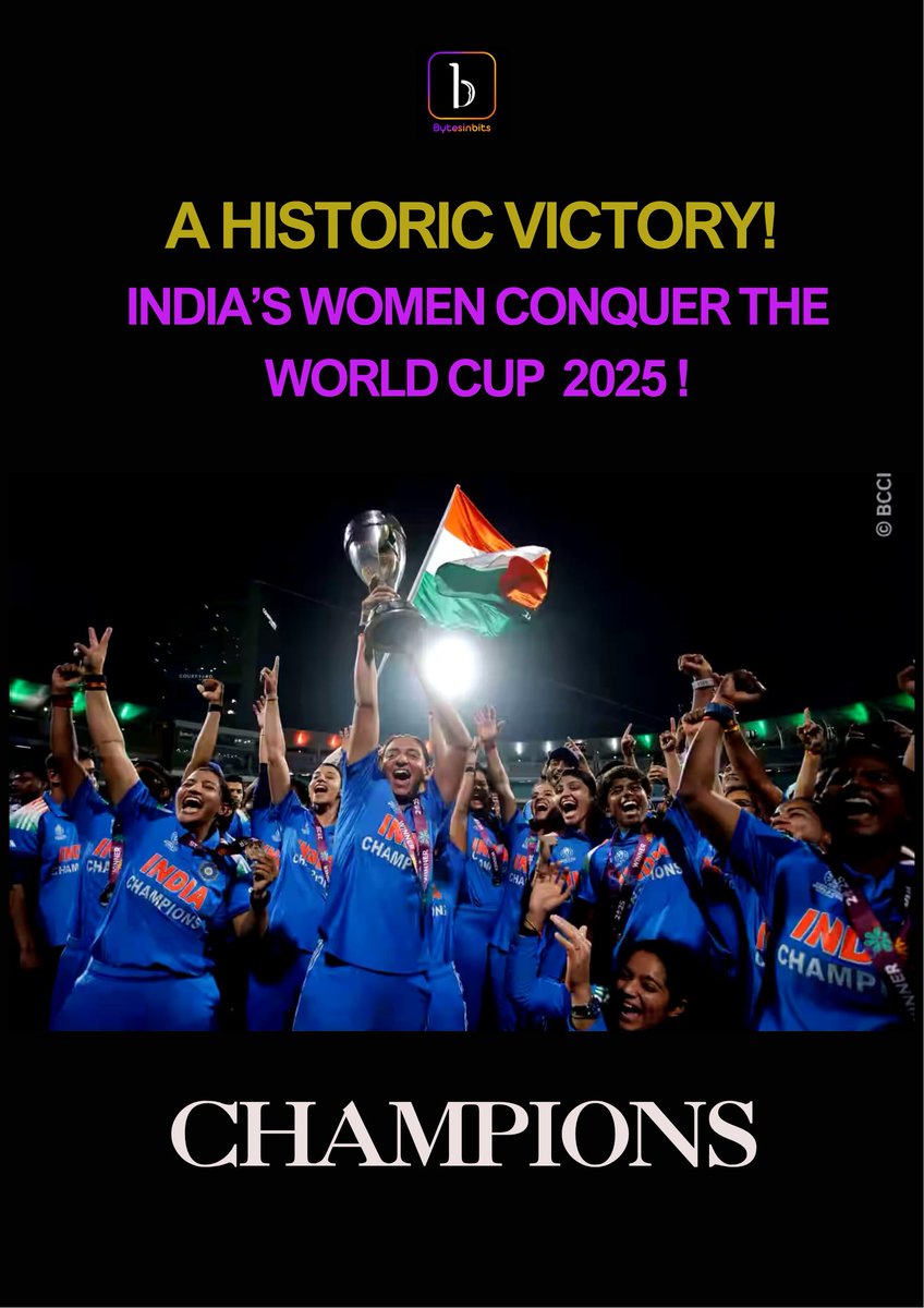 BytesinbitsI's tweet photo. A Historic Victory! 🏏

India’s Women Conquer the World Cup 2025! 🇮🇳

Their victory is not just about cricket — it’s about courage, determination, and the power of dreams. 💪
#TeamIndia #WomenInBlue #WorldChampions #WomenPower #VictoryForIndia #BytesInBits #Champions2025 https://t.co/S4RIkWXNJx