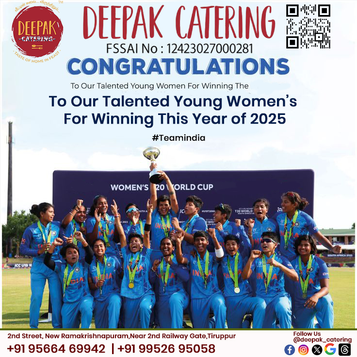 deepakchan92's tweet photo. 🎉 A proud moment for our nation!
Heartfelt congratulations to our young Indian women’s team for their glorious victory at the 2025 Women’s World Cup! 🇮🇳💪

#TeamIndia #WomenPower #Champions2025 #ProudMoment #DeepakCatering #TasteOfHome #IndianWomenCricket #VictoryCelebration https://t.co/DxYn5GecIb
