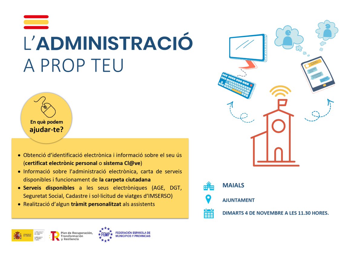 Des de la <a href="/SubGobLleida/">Subdelegació del Govern a Lleida</a> seguim amb les visites a petits municipis per presentar L’Administració a prop teu. Demà serem a <a href="/ajmaials/">Ajuntament de Maials</a> per explicar als seus veïns com obtenir diferents sistemes d’identificació digital i poder fer tràmits des de casa

⏰11.30 Ajuntament