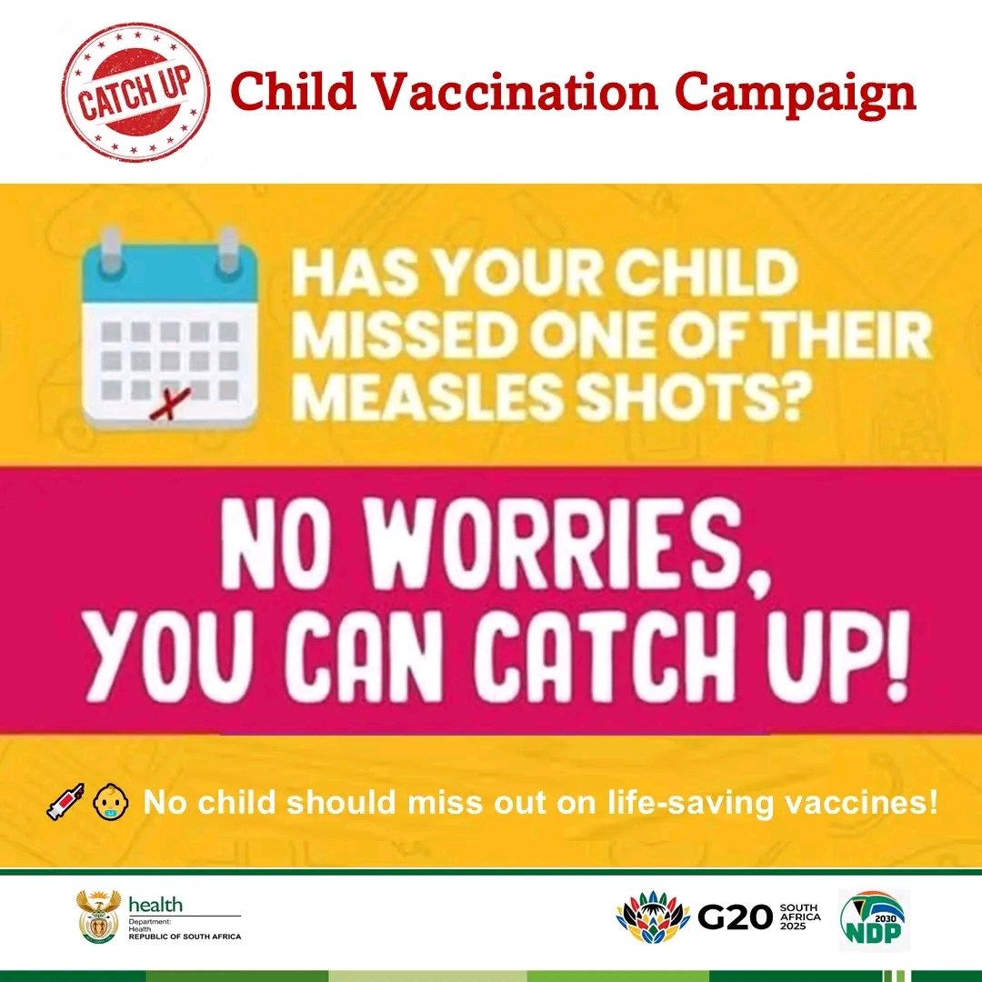 HealthZA's tweet photo. Has your child missed one of their measles shots? No worries, you can #CatchUpNow
Children need two vaccine shots and a booster shot to protect them against measles - at 6 months, 12 months, and 6 years. If your child has missed any of these shots,
IT'S NOT TOO LATE TO CATCH UP! https://t.co/U6Fc5h9FcP