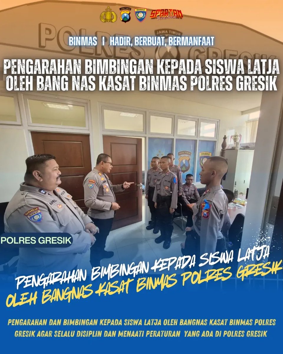 rovanmahenu's tweet image. Pengarahan bimbingan kepada siswa latja oleh bangnas Kasat Binmas Polres Gresik agar selalu disiplin dan menaati peraturan yang ada di Polres Gresik
#satbinmaspolresgresik #polresgresik #siswalatja #jogojatim
#binmaspoldajatim