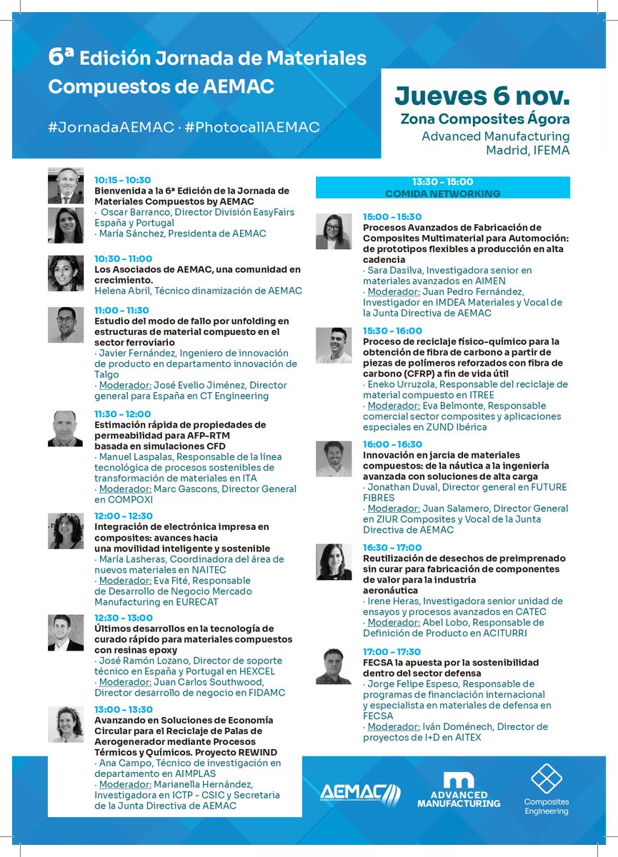 📢6ª Edición - Jornada de #MaterialesCompuestos que organizamos con los #AsociadosAEMAC en la feria <a href="/AdvManufactES/">Advanced Manufacturing ES</a> 

⏱️6 Noviembre, 10:15 h. - 17:30 h.  
🚩Pabellón 10 - #CompositesAgora <a href="/IFEMA/">IFEMA MADRID</a> 

REGISTRO: bit.ly/47eea9P

 #JornadaAEMAC #AMM25  #PhotocallAEMAC