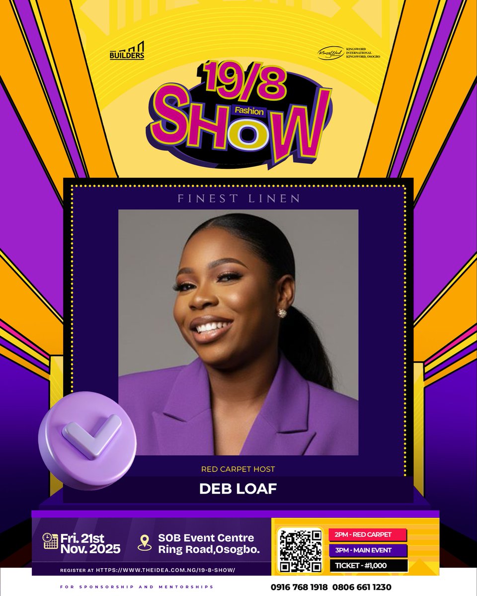 It’s all about style, elegance and finest linen💜

See you at the 19/8 Fashion Show!
Let’s make it a Night to remember!🎙️

📍SOB Event Centre, Osogbo
🗓 Nov 21st
#DebLoaf #RedCarpetHost #19/8FashionShow #insideosogbo