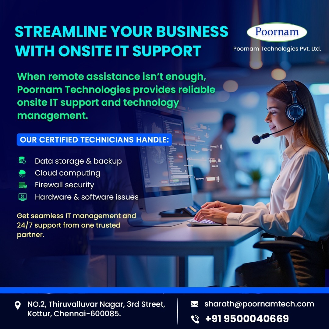 PoornamTech's tweet image. When remote assistance isn&apos;t enough, streamline your business with reliable onsite IT support from Poornam Technologies! 🛠️
Get seamless IT management and 24/7 support from one trusted partner.

#ITSupport #OnsiteTech #BusinessSolutions #247Support