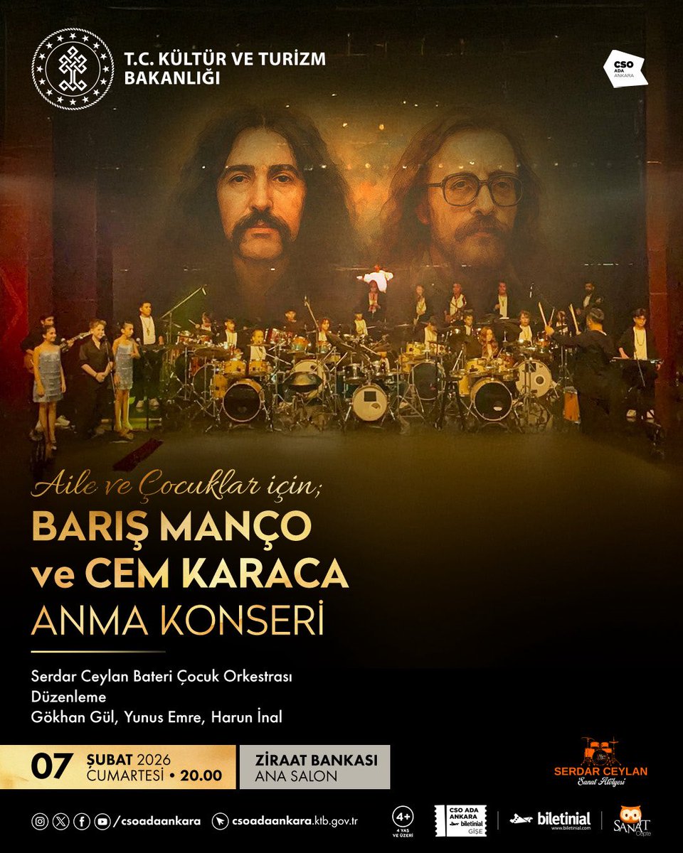 Türk rock müziğinin efsaneleri Barış Manço ve Cem Karaca, unutulmaz şarkılarıyla bir kez daha anılacak! 

Bu anlamlı gecede, Serdar Ceylan Bateri Orkestrası sahnede yer alarak ritimlerin coşkusunu yaşatacak.

🗓️ 7 Şubat Cumartesi
📍 Ziraat Bankası Ana Salon
⏰20.00

#CSOAdaAnkara