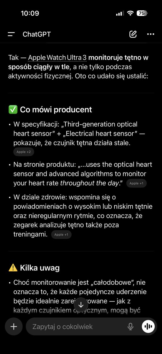 arson_as's tweet photo. @morid1n @dominiklada @dominiklada jak to jest, chat GPT podpowiada że AWU3 mierzy tętno w sposób ciągły, załączam screen. Funkcja wykrywania nadciśnienia jako nowości może to zmieniło? A jak ma Garmin fenix? https://t.co/bL6uIDISV9