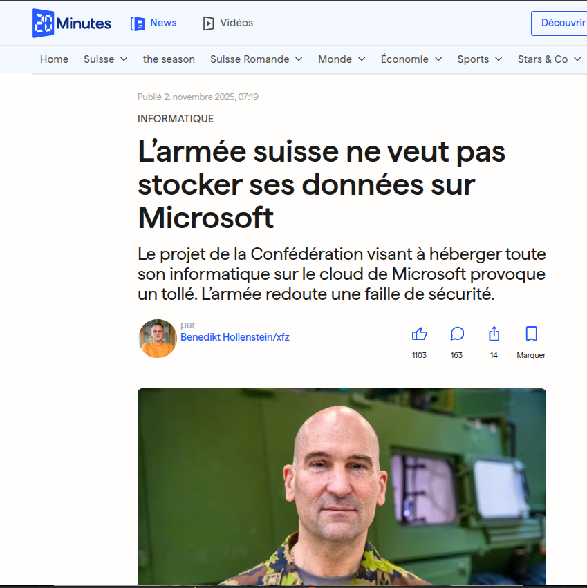 Séquence pop-corn🍿: Le projet de la Confédération visant à héberger toute son informatique sur le cloud de Microsoft provoque un tollé. L’armée redoute une faille de sécurité (mais roule pourtant pour l'intégration🇨🇭 totale à l'OTAN🇺🇸).

Deux ans après la décision de la