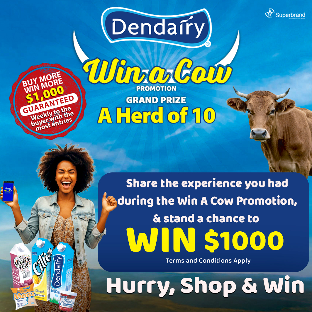 DendairyZW's tweet photo. Share the experience you have had in the Win a Cow promotion and stand a chance to win $1,000. 
How to enter:
1. Like and share this post on your timeline (Set your profile to public). 
2. Share Your Experience via the comment section or comment with a 10-second video. 
3. The comment or video with the most interactions/ reactions will be selected as the winner of the $1,000.
4. Competition ends on Thursday, 6 November.   
Terms and Conditions apply. 
#WinACowPromotion #Dendairy