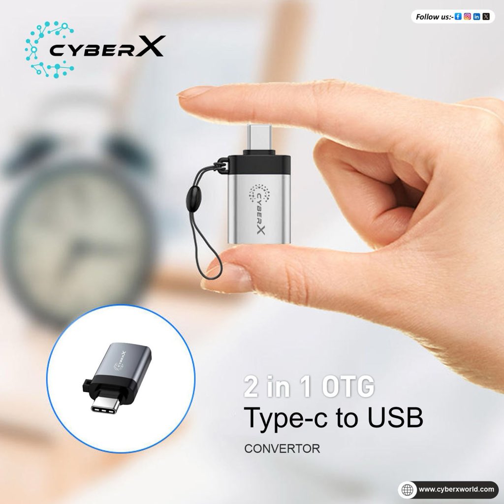 _CyberxWorld's tweet image. One Device. Dual Power. Infinite Possibilities.
Switch seamlessly between Type-C and USB with the CyberX 2-in-1 OTG Converter compact, fast, and ready for all your devices. ⚡

#CyberX #OTGConverter #TypeCtoUSB #SmartConnectivity #TechSimplified #PlugAndPlay #DataTransfer