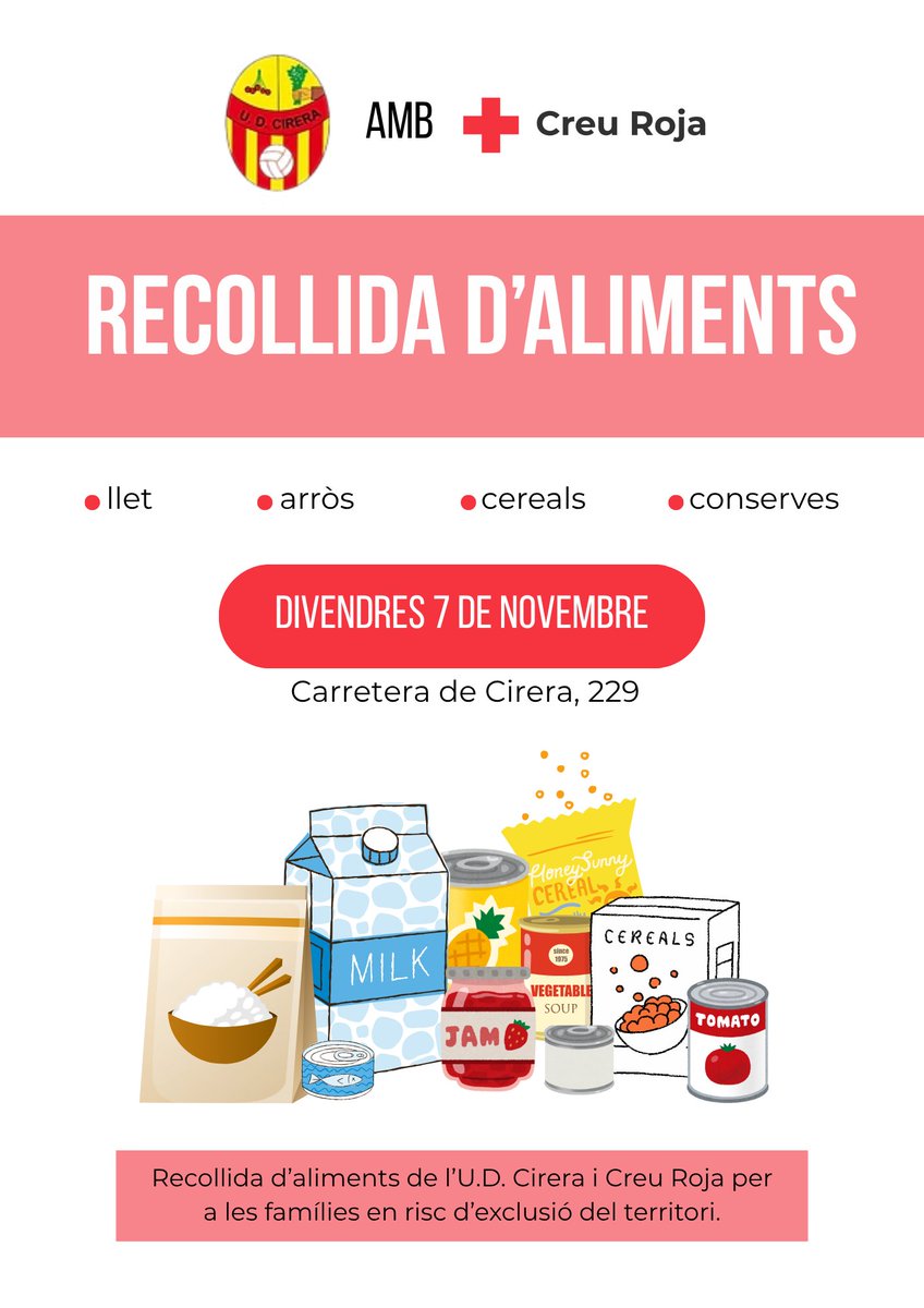 📌Aquest divendres 7 de novembre, l'<a href="/ud_cirera/">UD Cirera</a> fa una recollida d'aliments per a les persones en risc d'exclusió de #CreuRojaMataró

🥛🥫🌾Suma't a la solidaritat aportant llet, arròs, cereals o conserves per a qui més ens necessita!

🫂Gràcies per ajudar-nos a ajudar!