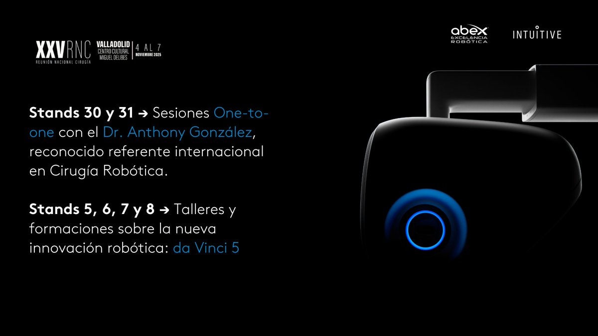 La #XXVRCN continúa. Hoy, en los stands 30–31 <a href="/abexDaVinci/">ABEX Excelencia Robótica</a>, sesiones One-to-One con el Dr. Anthony Gonzalez, referente internacional en cirugía robótica.
Además, test drives exclusivos con el #daVinci5. #CirugíaRobótica #innovacion