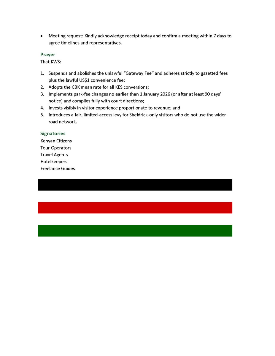 <a href="/KWSKenya/">Kenya Wildlife Service</a> <a href="/eCitizenKenya/">eCitizen</a> <a href="/CapitalFMKenya/">Capital FM Kenya</a> <a href="/NationAfrica/">Daily Nation</a> <a href="/BD_Africa/">BusinessDaily</a> <a href="/StandardKenya/">The Standard Digital</a> <a href="/KTNNewsKE/">KTN News</a> <a href="/mohammedhersi/">Mohammed Hersi : Mr Optimist</a> <a href="/bonifacemwangi/">The People’s President</a> <a href="/C_NyaKundiH/">Cyprian, Is Nyakundi</a> <a href="/Kenyans/">Kenyans.co.ke</a> <a href="/MuthuriKinyamu/">Muthuri Kinyamu</a> <a href="/munyakanjiru/">The Bucketlister</a> <a href="/2njerii/">Iron Lady. Cleopatra 李华</a> <a href="/stellamarismega/">@Stellamaris</a> <a href="/safariwithselle/">Selle Higgins</a> <a href="/shecyclesnbi/">Wheelpower 🚶🚲 🚌 🚄</a> <a href="/ZoeWanjiru/">Zoe Wanjiru</a> <a href="/SaddiqueShaban/">Saddique Shaban</a> <a href="/mkymmie/">Kimberly</a> <a href="/maisibadennoh/">Duke of Nyamirashire</a> The demands from Kenya's tourism industry to <a href="/KWSKenya/">Kenya Wildlife Service</a>  

cc <a href="/StandardKenya/">The Standard Digital</a> <a href="/KTNNewsKE/">KTN News</a> <a href="/NationAfrica/">Daily Nation</a> <a href="/BD_Africa/">BusinessDaily</a> <a href="/AlJazeera/">Al Jazeera PR</a> <a href="/LarryMadowo/">Larry Madowo</a> <a href="/KTF_Kenya/">Kenya Tourism Federation</a> <a href="/C_NyaKundiH/">Cyprian, Is Nyakundi</a> <a href="/bonifacemwangi/">The People’s President</a> <a href="/Sophie_Mokoena/">Sophie Mokoena</a> <a href="/BBCAfrica/">BBC News Africa</a> <a href="/citizentvkenya/">Citizen TV Kenya</a> <a href="/CapitalFMKenya/">Capital FM Kenya</a> <a href="/Kenyans/">Kenyans.co.ke</a> #FreetheGate #AbolishKWSGatewayFee