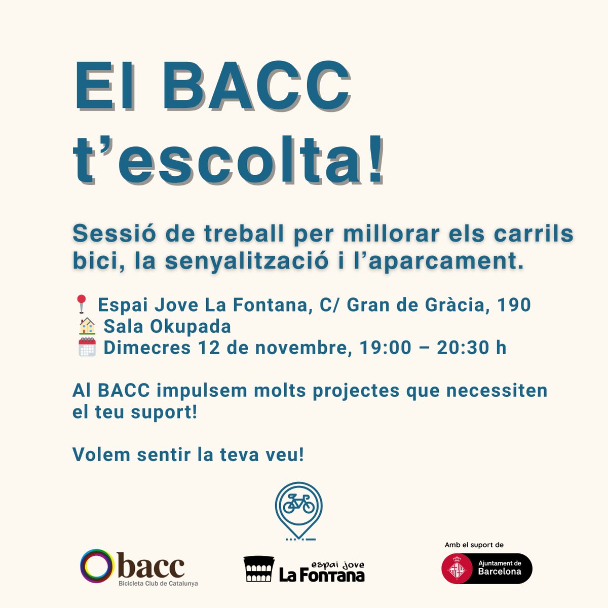 🚲 Tens idees per millorar la #BiciBCN?
🗓️ Vine dimecres 12/11 a la sessió de treball del BACC!
📝Parlarem de carrils bici, senyalització i aparcament.

Treballem a peu de carrer i interlocutem amb l’administració per fer realitat les millores que els ciclistes necessitem.