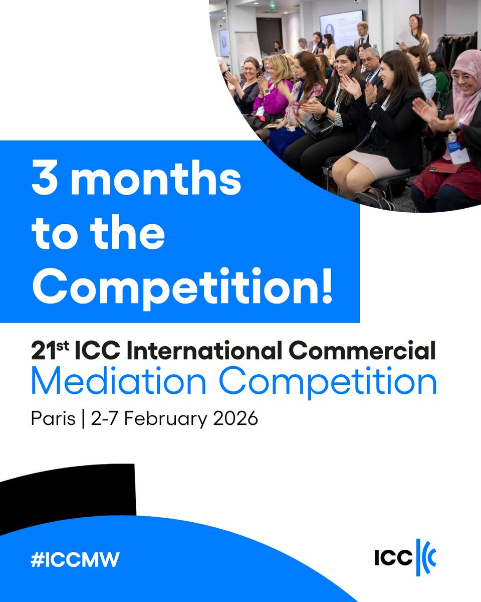 🎉 Only 3 months to go!

The countdown to the 21st edition of the ICC International Commercial Mediation Competition has officially begun! ✨

Get ready to connect, compete and collaborate with top students and professionals from 2-7 February 2026.

We can't wait to welcome you!