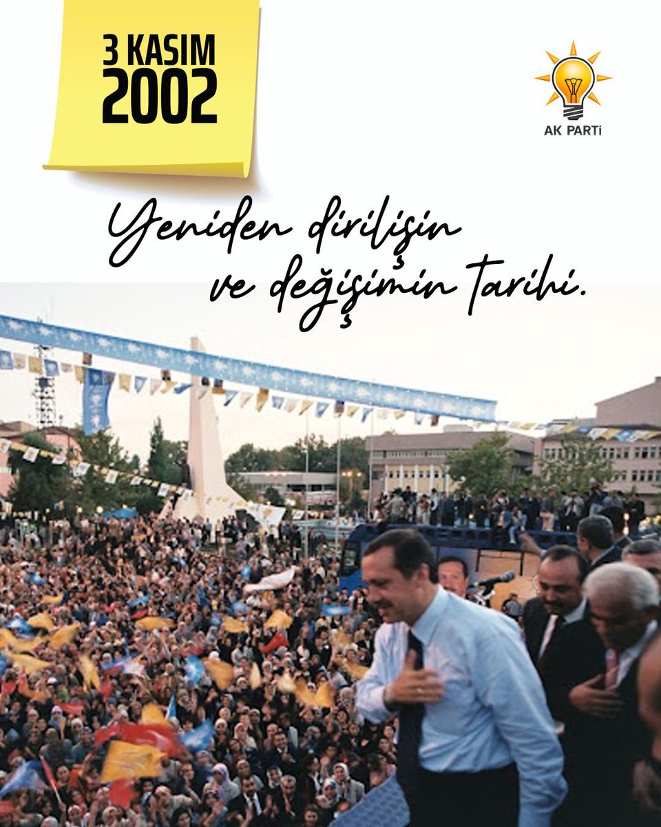 Cumhurbaşkanımız ve AK Parti Genel Başkanımız Sayın <a href="/RTErdogan/">Recep Tayyip Erdoğan</a> liderliğinde 2001 yılında kurulan AK Parti, 3 Kasım 2002 seçimleriyle milletimizin büyük desteğini alarak iktidara geldi.
#BirMilattır3Kasım

<a href="/_cevdetyilmaz/">Cevdet Yılmaz</a> <a href="/acarfaruka/">Faruk Acar</a> <a href="/belginuygur10/">Belgin Uygur 🇹🇷</a> <a href="/av_ahmetgul/">Ahmet Gül</a> <a href="/kurtcancelebi/">Kurtcan Çelebi</a>