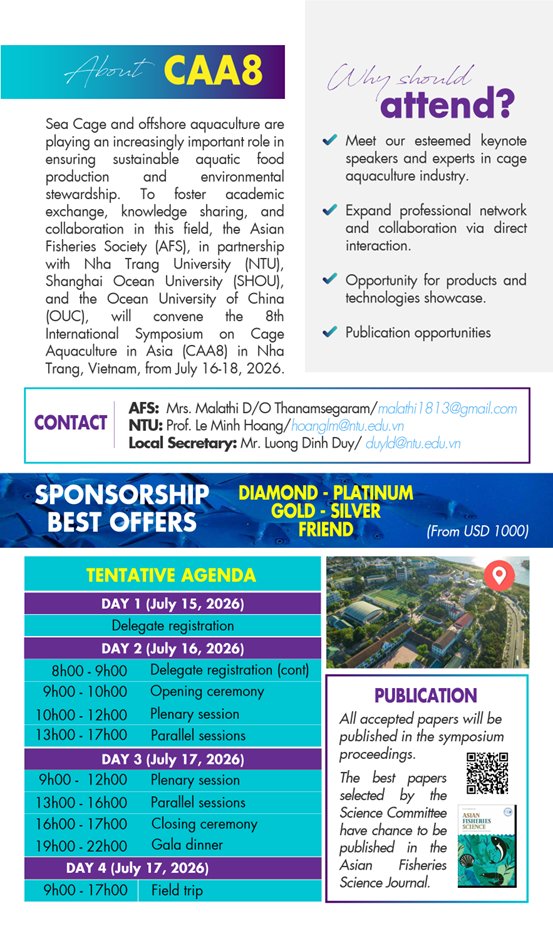 AfsAsian's tweet photo. AFS Upcoming Symposium!
Join us!
The 8th International Symposium on Cage Aquaculture in Asia (CAA8).
Please refer to this link:
https://t.co/zLUM3meUwZ...
or
https://t.co/qyTsWpFho4
for more information. https://t.co/Mv4b21MFWV