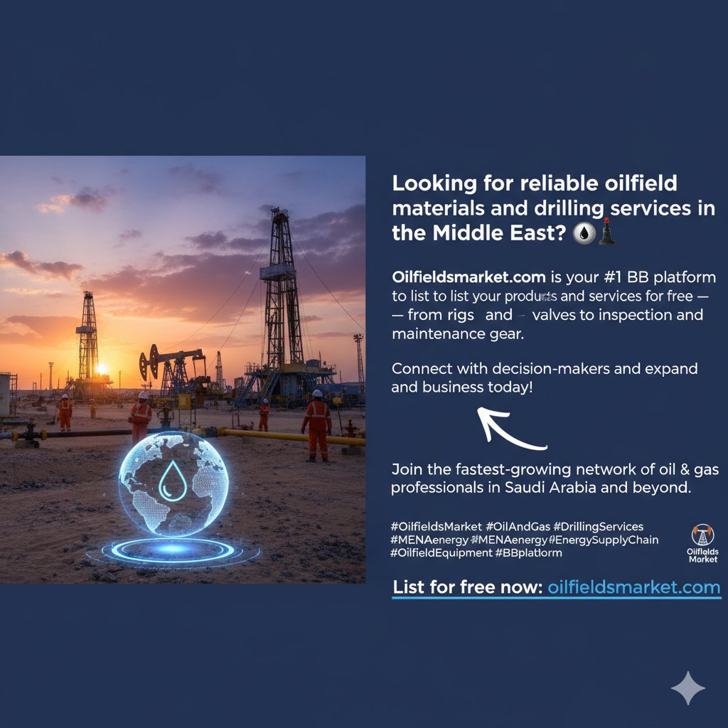 oilfieldsmarket's tweet photo. Looking for reliable oilfield materials and drilling services in the Middle East? 
🌍🛢️https://t.co/JMfwz9MkSq is your #1 B2B platform to list your products and services for free — from rigs and valves to inspection and maintenance gear. Connect with decision-makers and expand your business today!Join the fastest-growing network of oil & gas professionals in Saudi Arabia and beyond.#OilfieldsMarket #OilAndGas #DrillingServices #MENAenergy #EnergySupplyChain #OilfieldEquipment #B2BplatformList for free now: https://t.co/xc9yT75Uhy